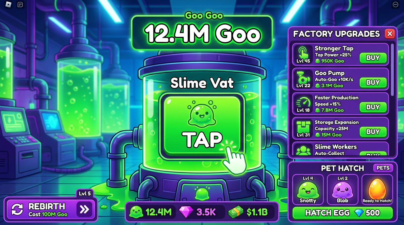 Gameplay — Tap the vat, buy upgrades, see pets